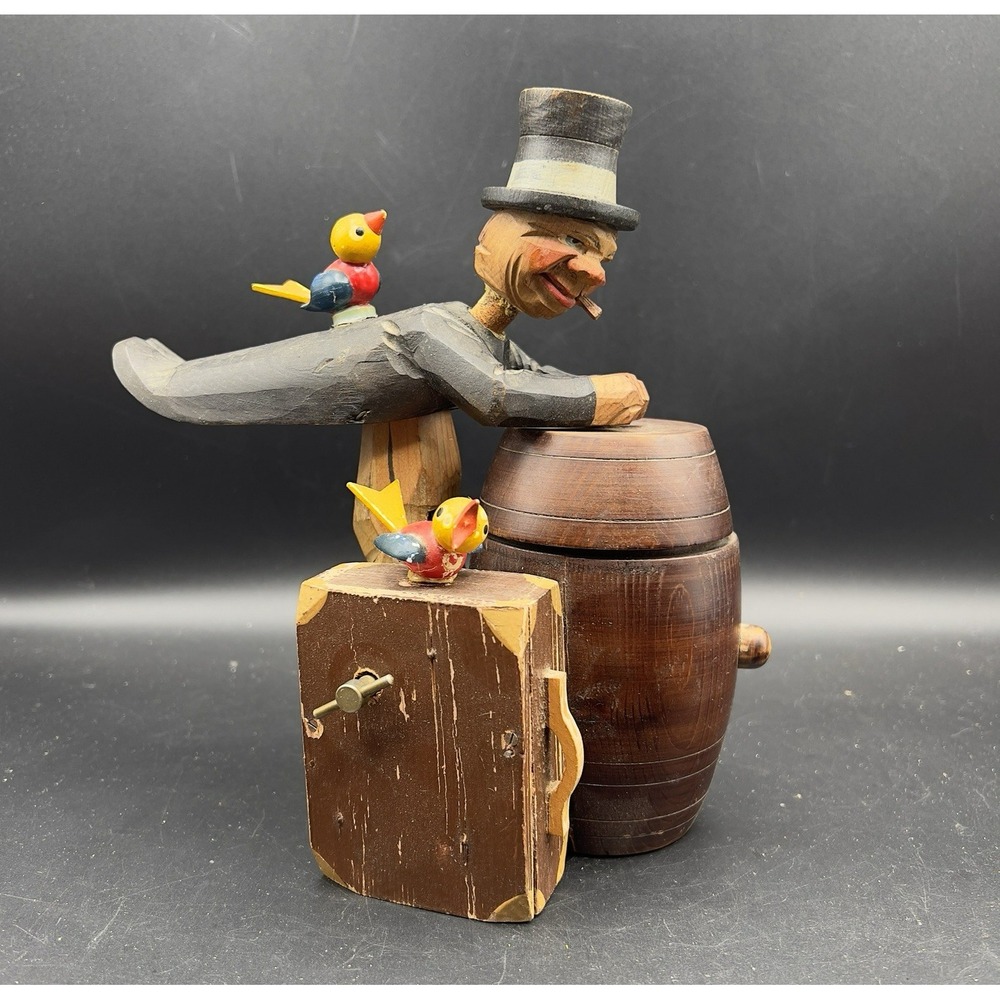 ANRI Carved Wood Drunk Man w Birds & Suitcase Music Box Barrel Cigarette‎ Holder